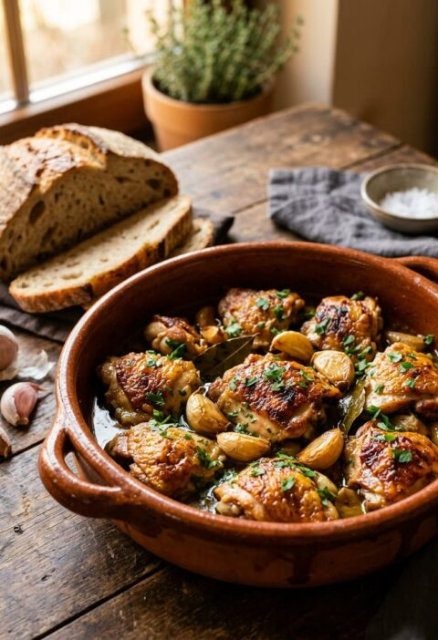 Cazuela de barro con pollo al ajillo dorado, ajos enteros con piel, laurel y perejil, con pan de hogaza al lado