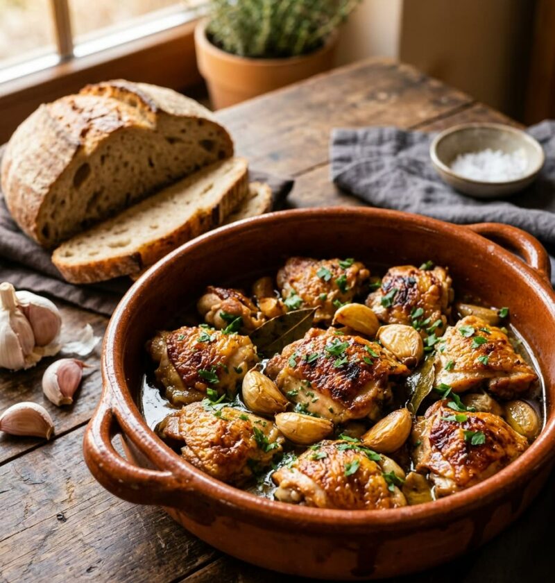Cazuela de barro con pollo al ajillo dorado, ajos enteros con piel, laurel y perejil, con pan de hogaza al lado