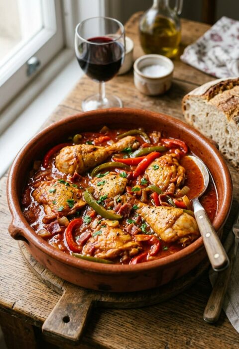 Cazuela de barro con pollo al chilindrón en salsa de tomate y tiras de pimiento rojo, con pan de hogaza al lado