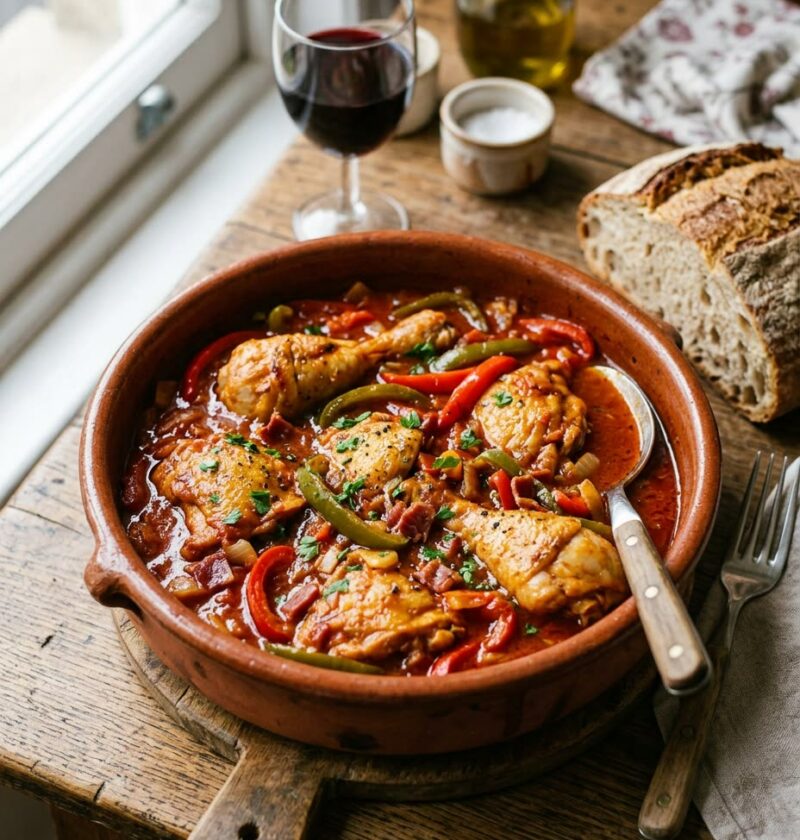 Cazuela de barro con pollo al chilindrón en salsa de tomate y tiras de pimiento rojo, con pan de hogaza al lado
