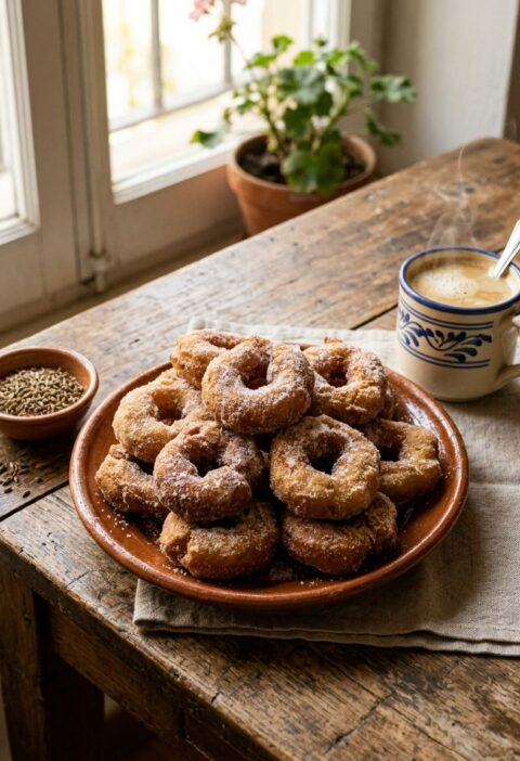 Plato de barro con rosquillas de anís caseras rebozadas en azúcar, con un cuenco de matalahúva y una taza de café con leche al lado