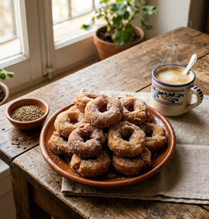 Plato de barro con rosquillas de anís caseras rebozadas en azúcar, con un cuenco de matalahúva y una taza de café con leche al lado