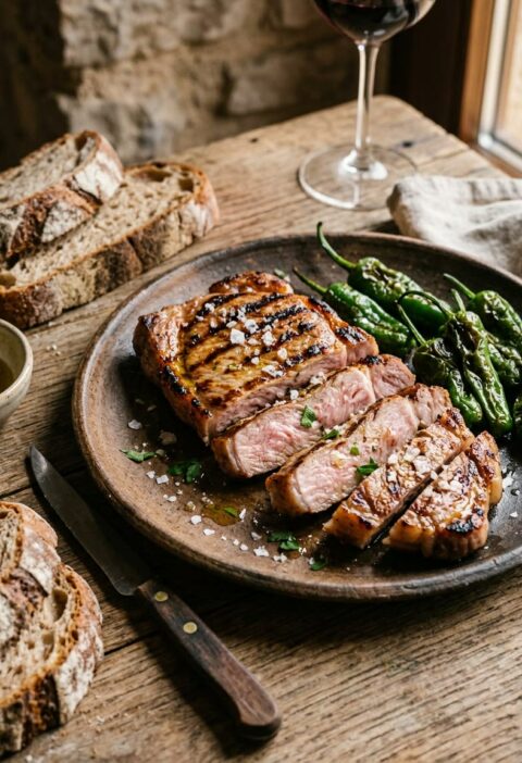 Plato de barro con secreto ibérico a la plancha cortado en tiras, dorado y jugoso, con sal en escamas y pimientos verdes, con pan de hogaza al lado