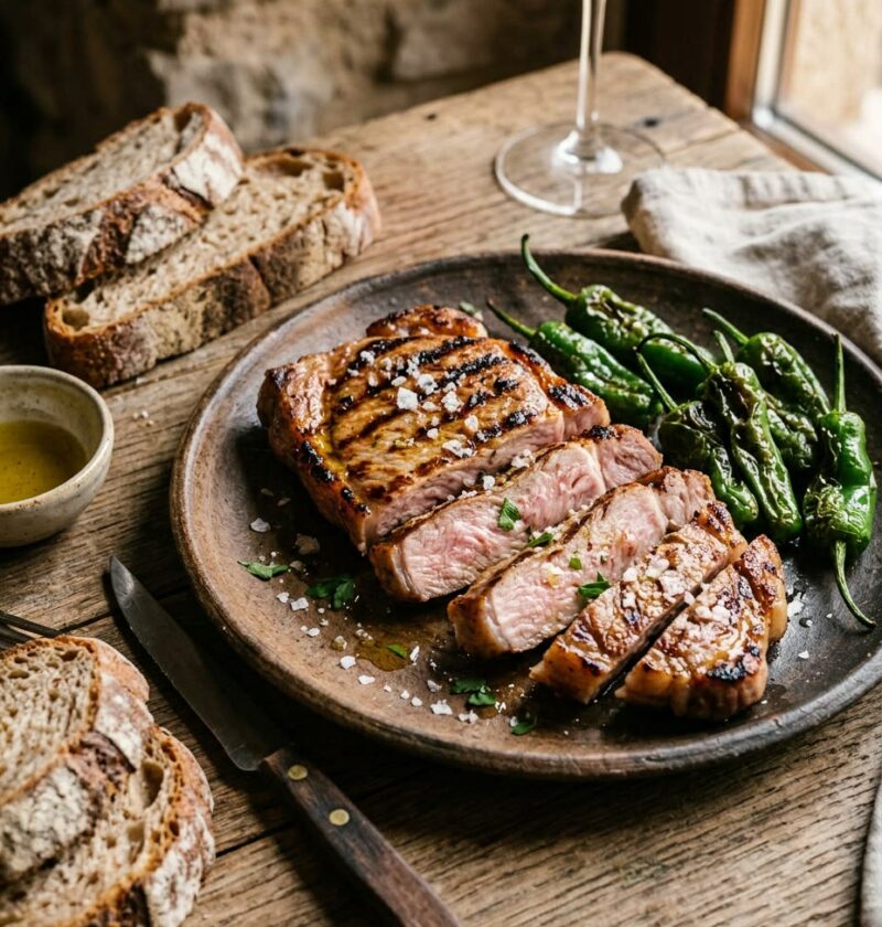 Plato de barro con secreto ibérico a la plancha cortado en tiras, dorado y jugoso, con sal en escamas y pimientos verdes, con pan de hogaza al lado