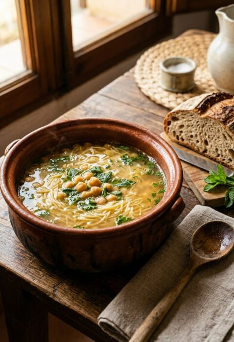 Cazuela de barro con sopa de cocido de fideos finos y caldo dorado, con pan de hogaza al lado