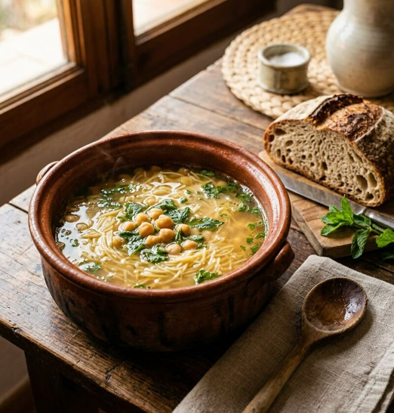Cazuela de barro con sopa de cocido de fideos finos y caldo dorado, con pan de hogaza al lado